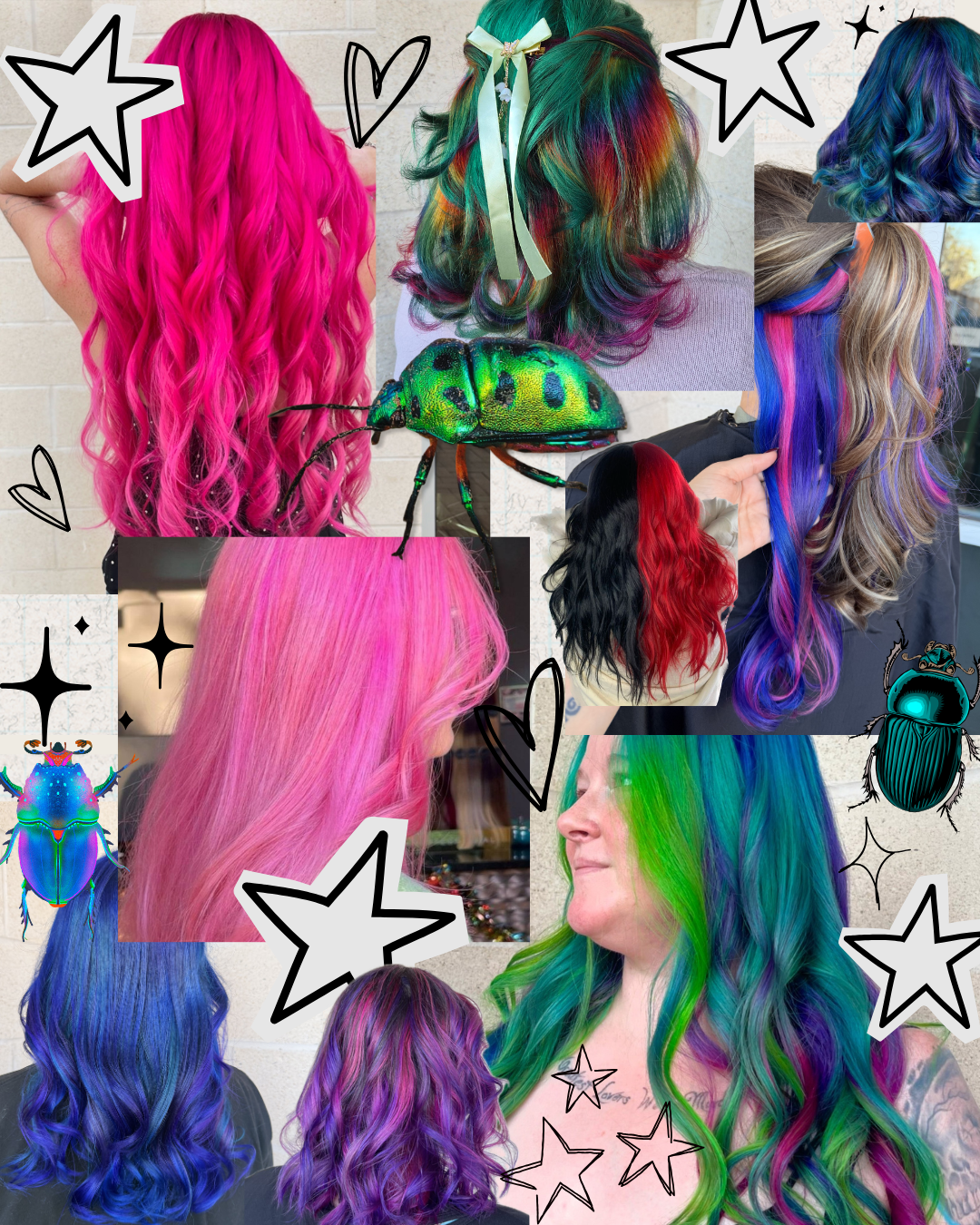 Collage of women with vibrant, colorful hairstyles including pink, rainbow, multicolor, black and red, and green and blue, with decorative stars, hearts, sparkle drawings, and beetle illustrations.