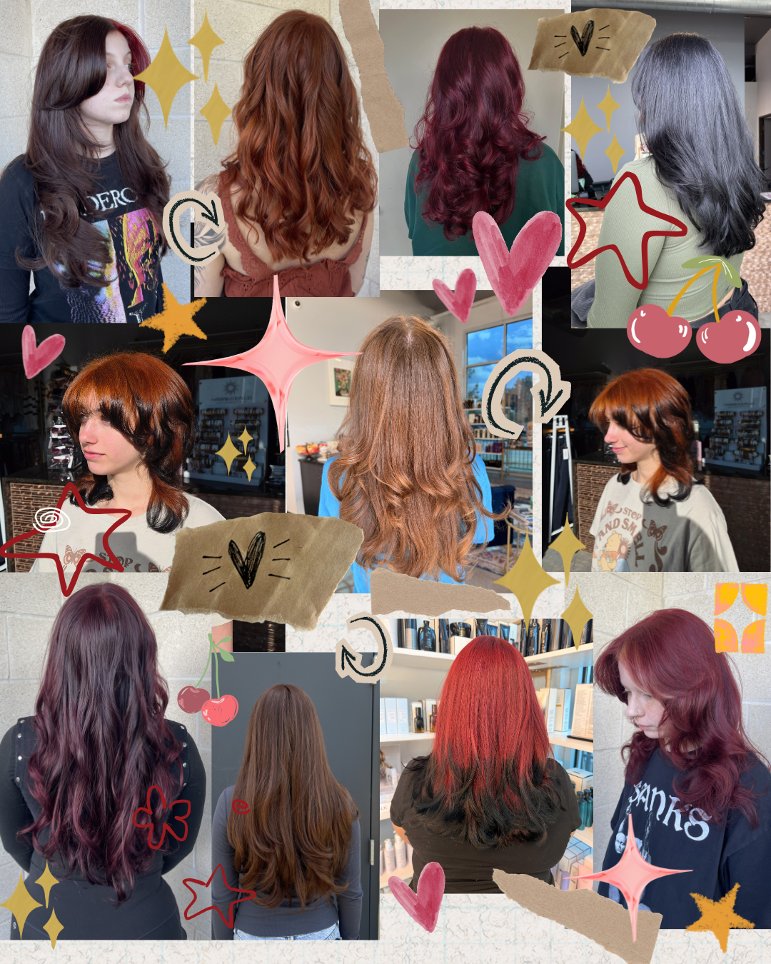 A collage of six women with different red hair styles and colors, including wavy, curly, and straight, in various settings such as outdoors, a salon, and a bookstore. The collage is decorated with doodles of hearts, stars, cherries, and other playful graphics.