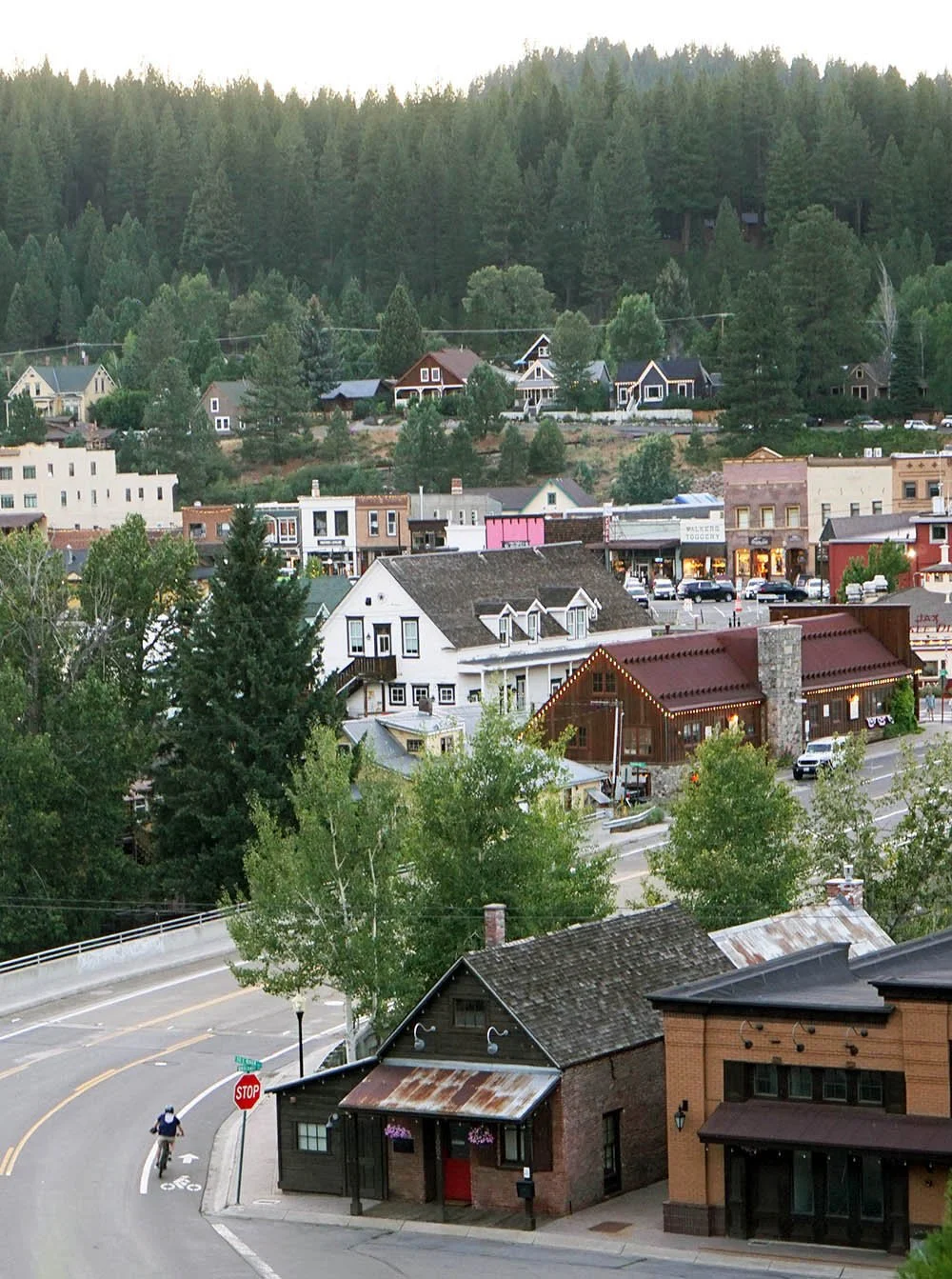 Truckee, a historic town with historic buildings, trees, and a hilly forest background during daytime.