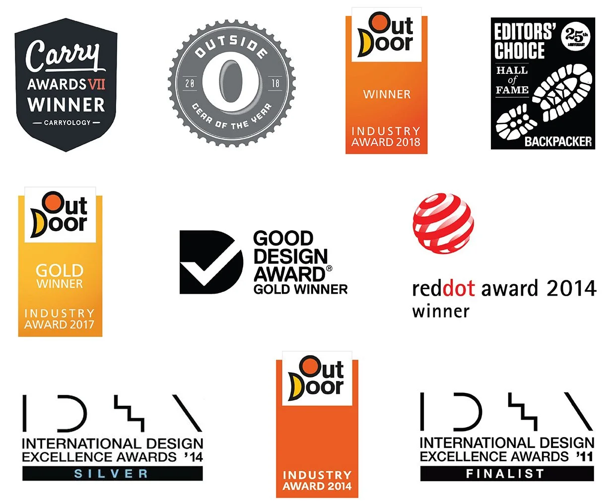Collection of various award and recognition badges and logos from different design and industry awards, including Carry Awards VII Winner, Outside Gear of the Year, Out Door Industry Award 2018, Editors' Choice Backpacker, Out Door Industry Award 2017, Good Design Award Gold Winner, Red Dot Award 2014 Winner, Out Door Industry Award 2014, and International Design Excellence Awards '11 and '14.