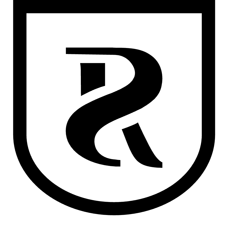 Zwart-wit logo met een schuin geplaatst ampersand (&) binnen een schildvorm.