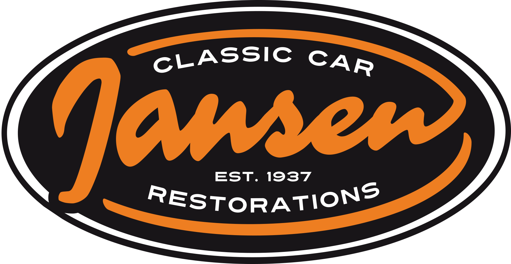 Logo van Janssen Classic Car Restorations met de tekst 'Est. 1937' op een zwarte, oranje en witte achtergrond.
