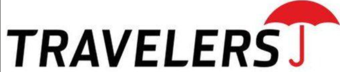 Travelers Insurance logo featuring the word 'Travelers' in black with a red umbrella icon above the 'J'
