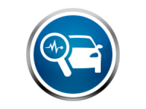 Car with a magnifying glass and heart monitor icon indicating vehicle health diagnostics