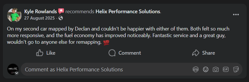 Facebook post by Kyle Rowlands recommending Helix Performance Solutions, dated August 27, 2025, about car servicing experience.