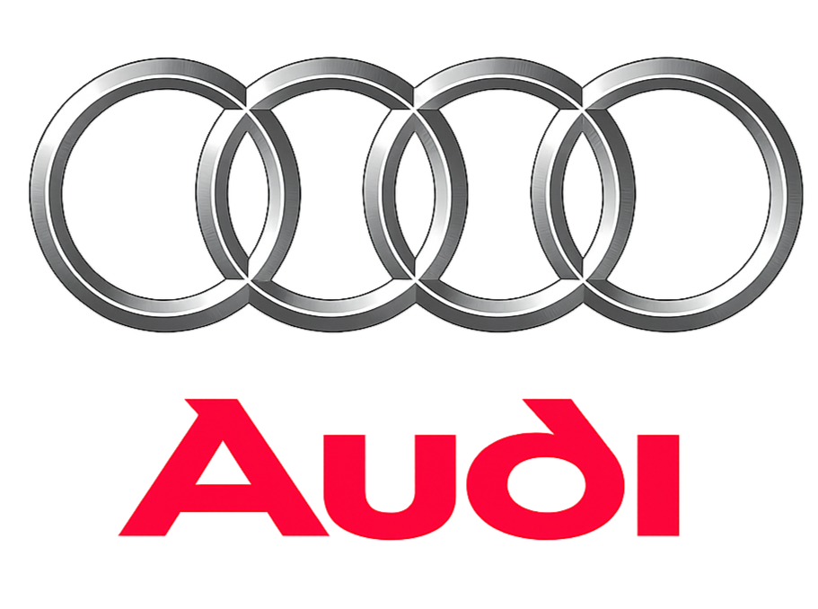 Audi logo with four interlinked silver circles above a red and black stylized 'Audi' text.
