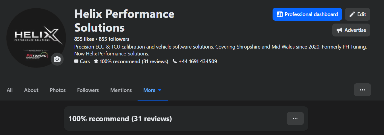 Screenshot of Helix Performance Solutions' Facebook page showing their logo, description, contact information, and a 100% recommend rating from 31 reviews.