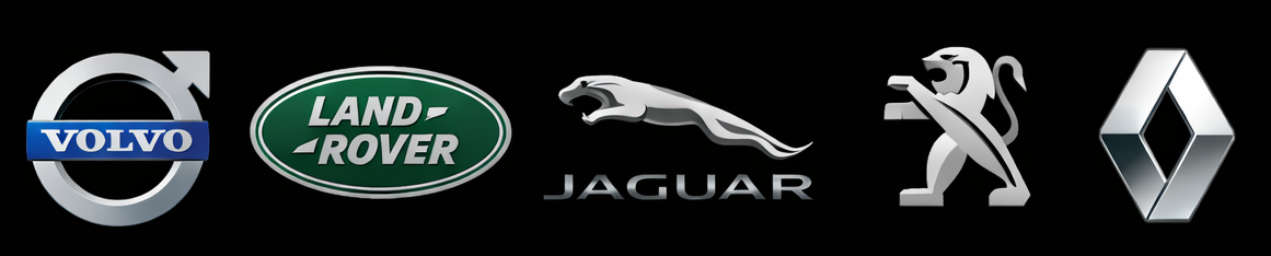 Logos of car brands: Volvo, Land Rover, Jaguar, Peugeot, Renault, all on a black background.