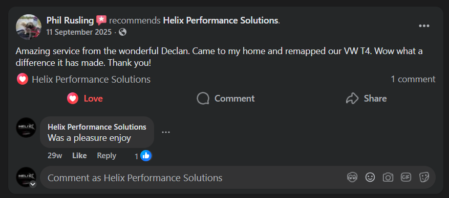 A social media post by Phil Rusling recommends Helix Performance Solutions, praising their service for remapping his VW T4. The company responds, saying it was a pleasure.