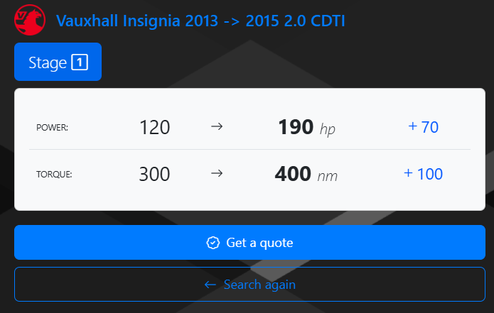 A digital comparison chart showing power and torque upgrades for Vauxhall Insignia models from 2013 to 2015, with a blue button labeled 'Get a quote' and a link to 'Search again'.