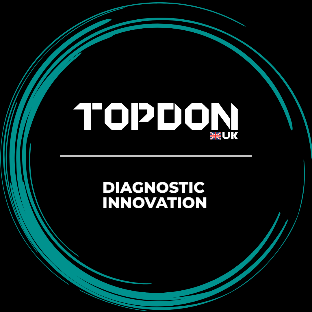 Black circular background with teal circular lines, displaying the text 'TOPDON UK' and 'DIAGNOSTIC INNOVATION' in white.