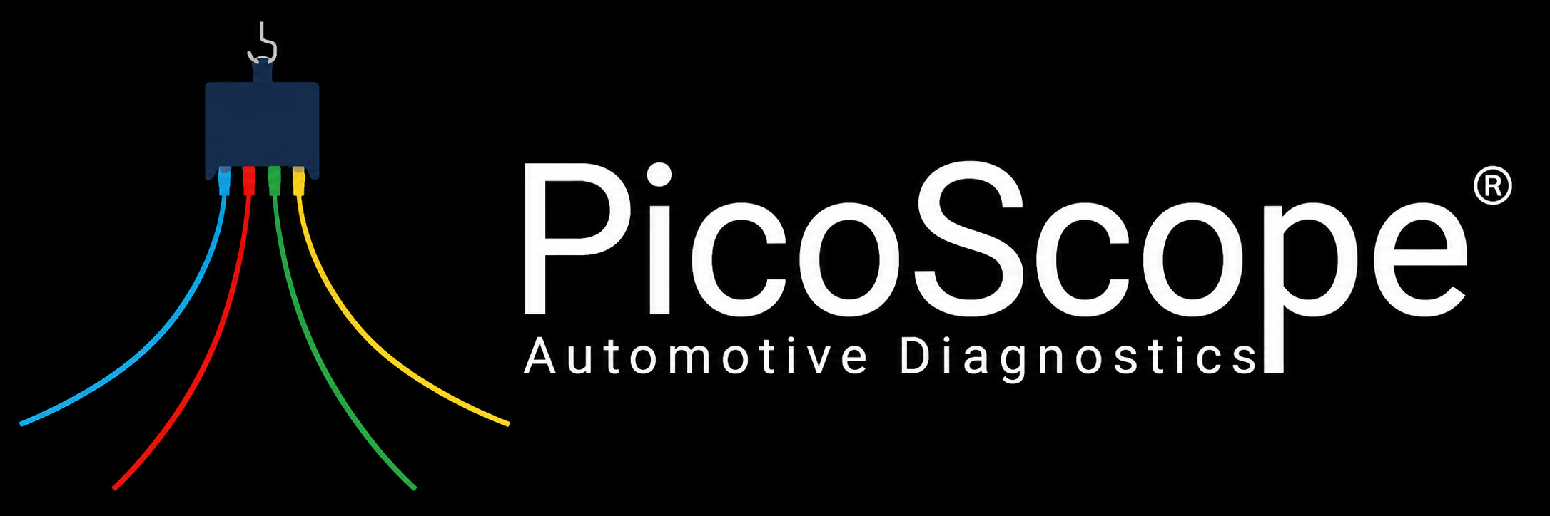 Logo for Picoscope Automotive Diagnostics, showing a black background with a blue connector and multicolored wires, and the text 'Picoscope Automotive Diagnostics' in white.