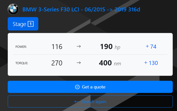 Screenshot of BMW 3-Series F30 LCI engine tuning details from June 2015 to 2019, showing power increases from 116 to 190 horsepower and torque from 270 to 400 Nm.