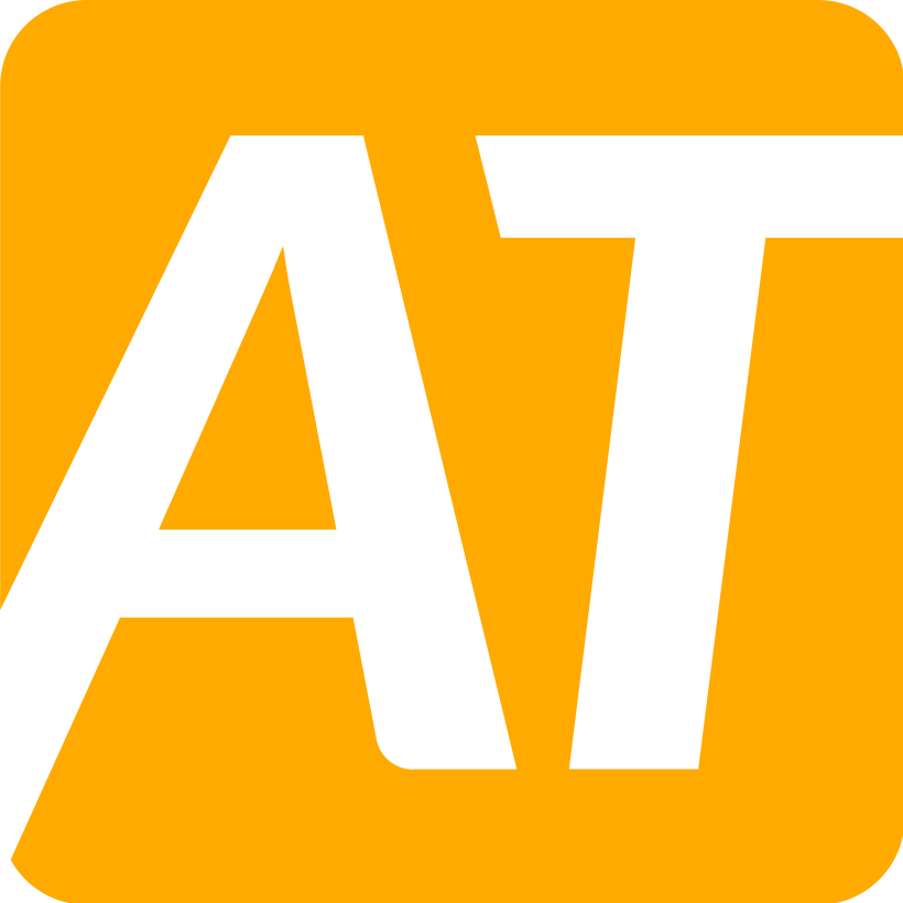 Yellow background with a black 'AT' logo.