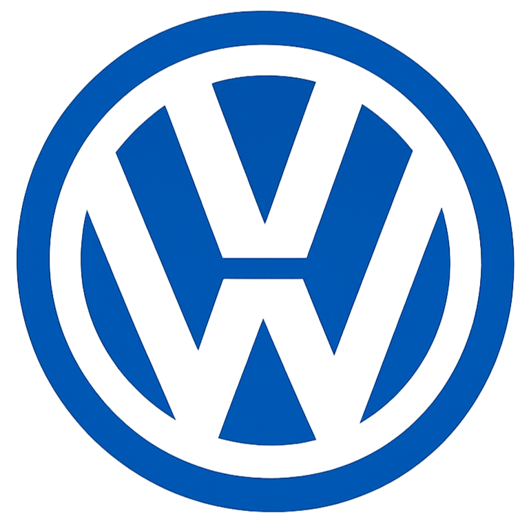 A circular logo with the Volkswagen emblem in the center, featuring a stylized 'V' over a stylized 'W', all in blue.