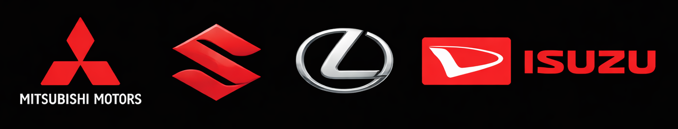 Logos of Mitsubishi Motors, Suzuki, Lexus, and Isuzu on a black background.