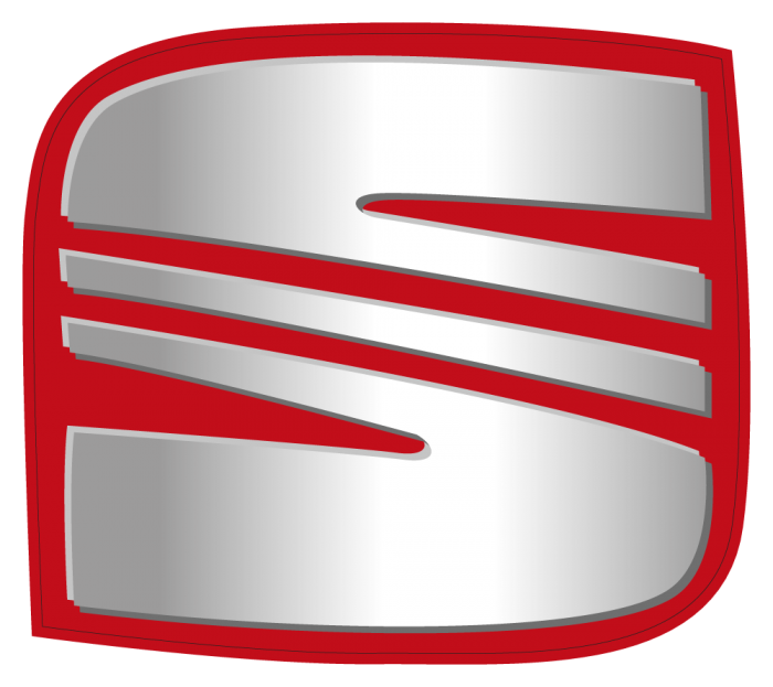 Stylized silver emblem on a red background, featuring a large letter 'S' with three horizontal cuts across its upper half.