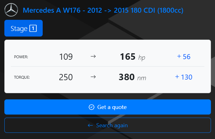 Screen showing performance upgrade for a Mercedes A W176 from 2012 to 2015, with current and upgraded horsepower and torque values. Power increased from 109 to 165 horsepower, torque from 250 to 380 Nm.