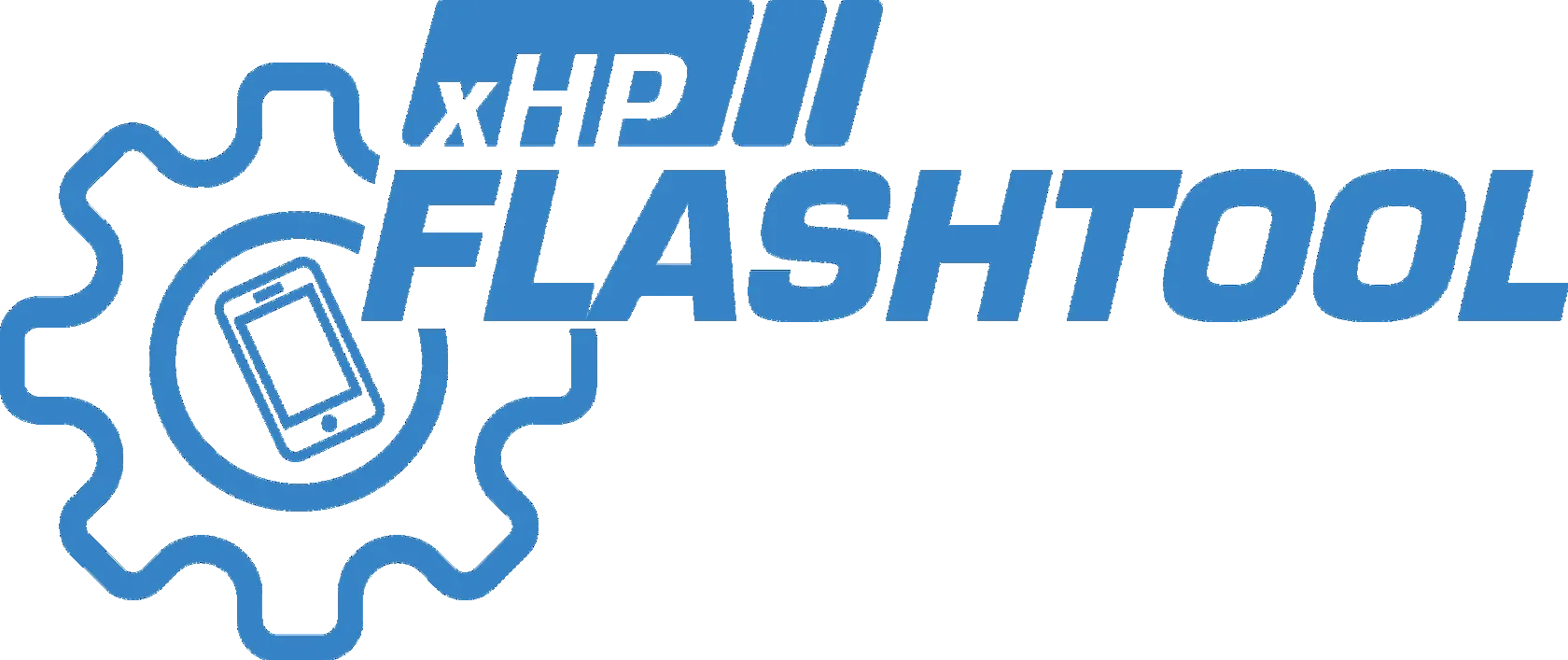 Logo with a gear outline surrounding a smartphone and the text 'FLASHTOOL' in blue.