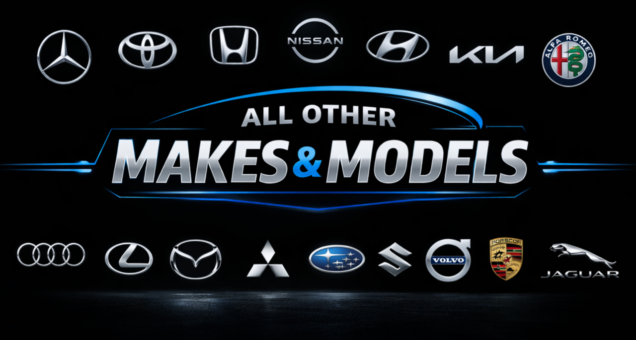 Car brand logos including Mercedes-Benz, Toyota, Honda, Nissan, Hyundai, Kia, Alfa Romeo, Audi, Lexus, Mazda, Mitsubishi, Subaru, Volvo, Porsche, Jaguar, and others, with the text 'All Other Makes & Models' in the center.
