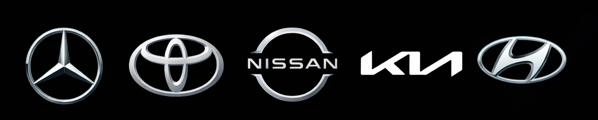 Logos of Mercedes-Benz, Toyota, Nissan, Kia, and Hyundai on a black background.
