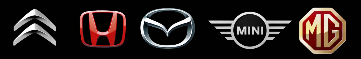 Logos of automotive brands: Citroën, Honda, Mazda, Mini, MG