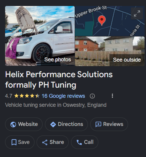 Collage with four images: a white car with a dented hood in a parking lot, a map with a red location pin, a brick house with a wooden fence, and an option to see outside.