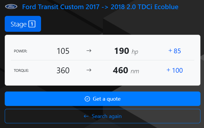 Car performance upgrade for Ford Transit Custom 2017-2018 2.0 TDCi Ecoblue, increasing horsepower from 105 to 190 and torque from 360 to 460 Nm.