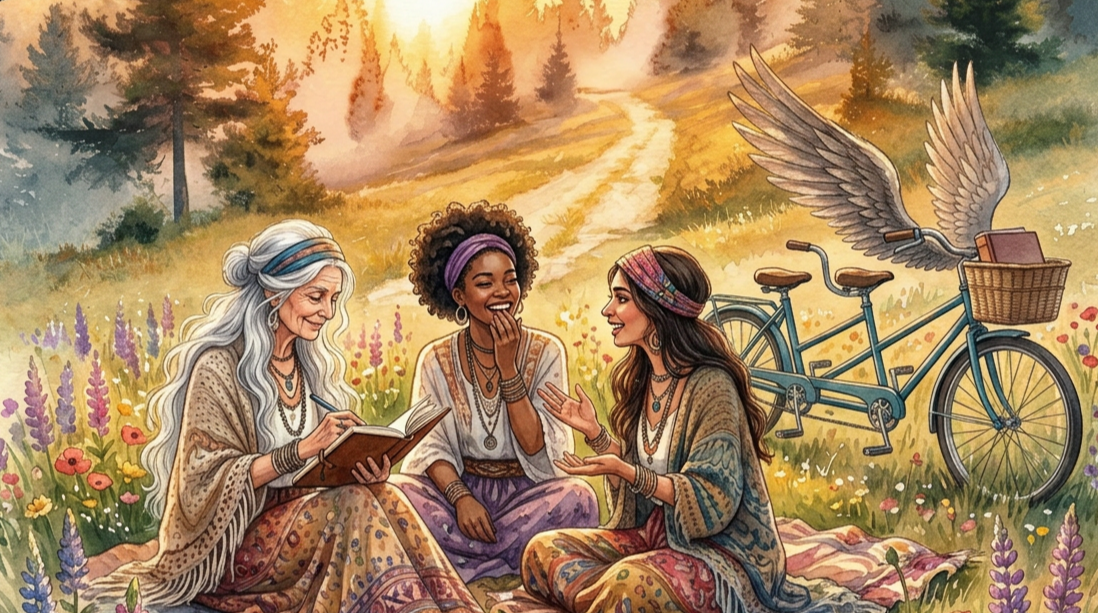 Three women sitting on a blanket in a field of colorful flowers, talking and smiling, with a blue bicycle with wings in the background on a sunny day with a dirt path and trees.