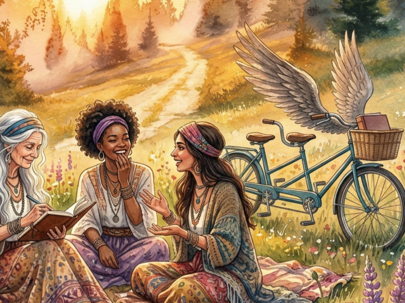 Three women sitting on a blanket outdoors in a scenic forest clearing, engaging in a lively conversation, with a bicycle with wings attached in the background.