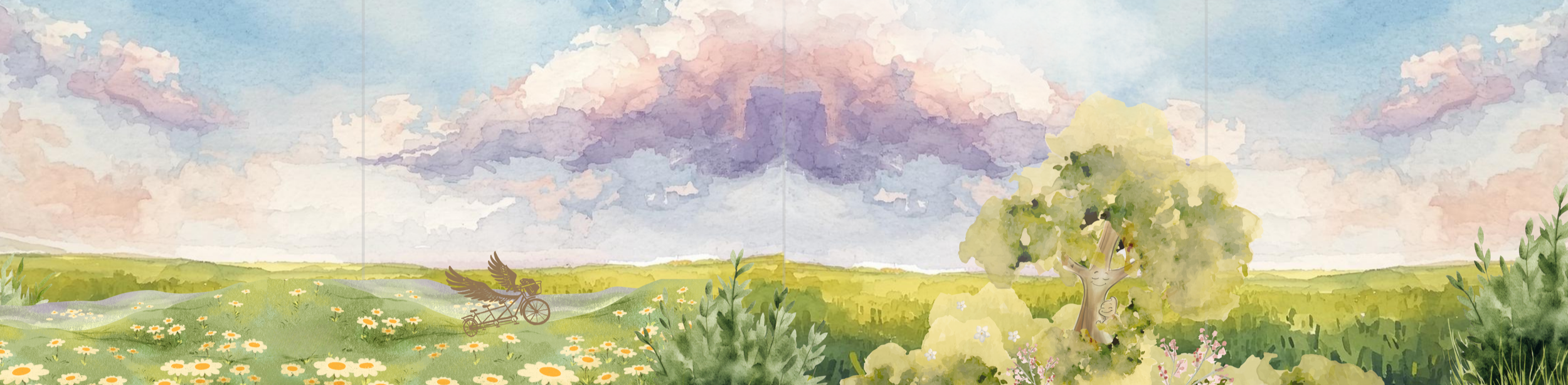 Watercolor landscape with rolling green hills, a cloudy sky, a tree with a face, and a flying insect with wings and a smile.