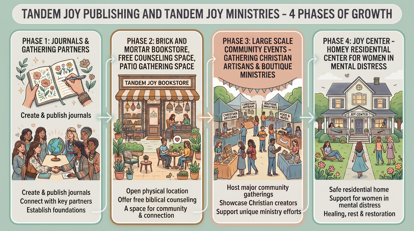 Diagram illustrating the four phases of growth for Tandem Joy Publishing and Tandem Joy Ministries, including creating journals, opening a bookstore and community space, hosting community Christian events, and establishing a residential center for women in mental distress.