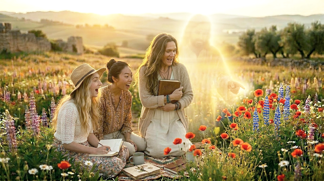 Three women sitting in a flower field during sunset, one holding a book and pointing at flowers, others with notebooks, smiling and laughing.