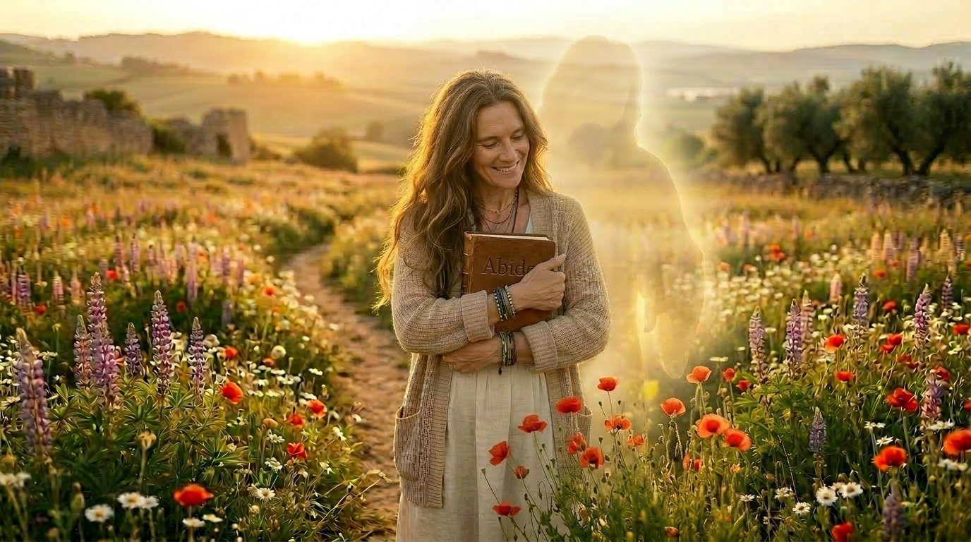 A woman smiling and holding a Bible with the word 'Abide' on the cover, standing in a colorful flower field during sunset, with a faint silhouette of a person behind her.