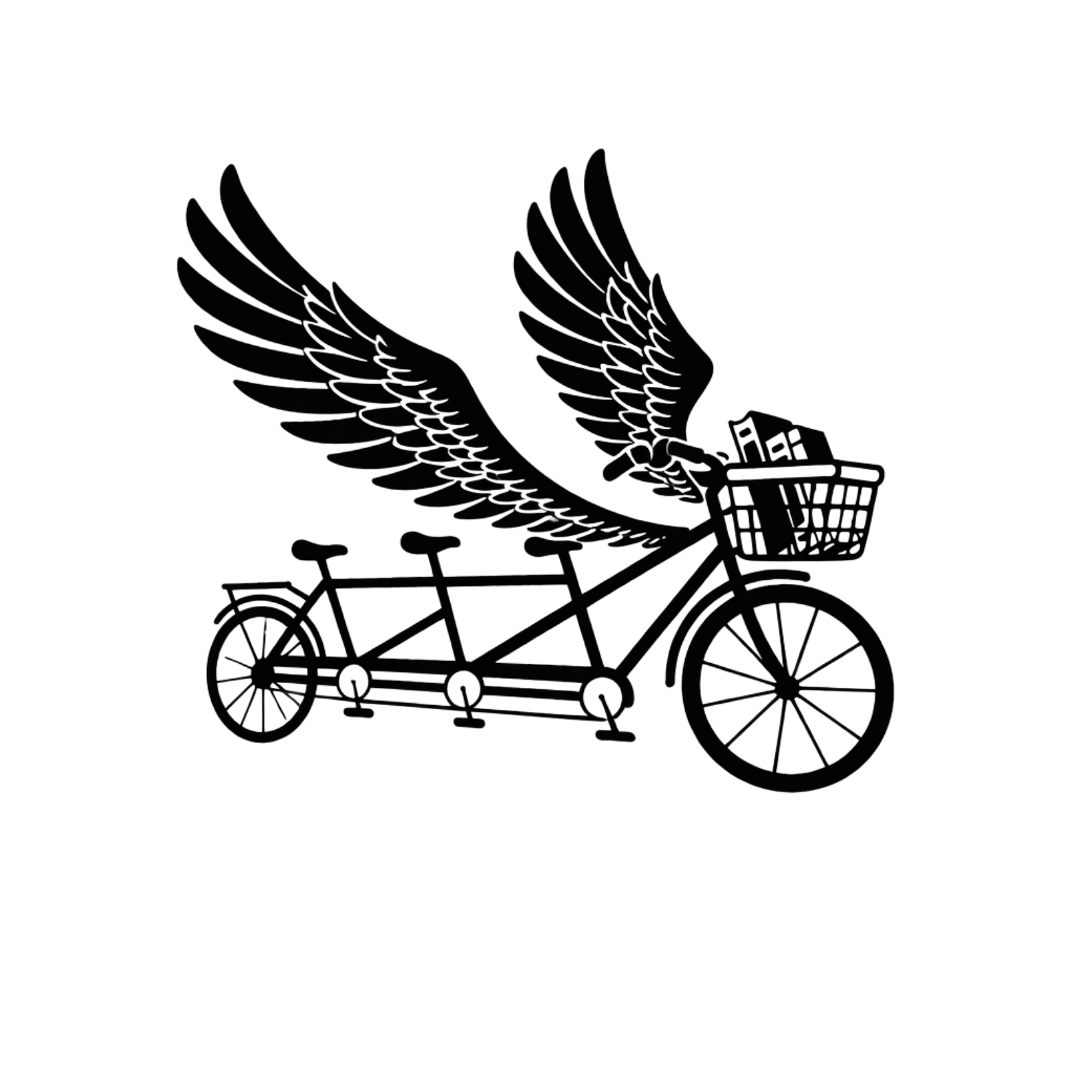 Line drawing of a bicycle with wings and a basket, flying through the air.