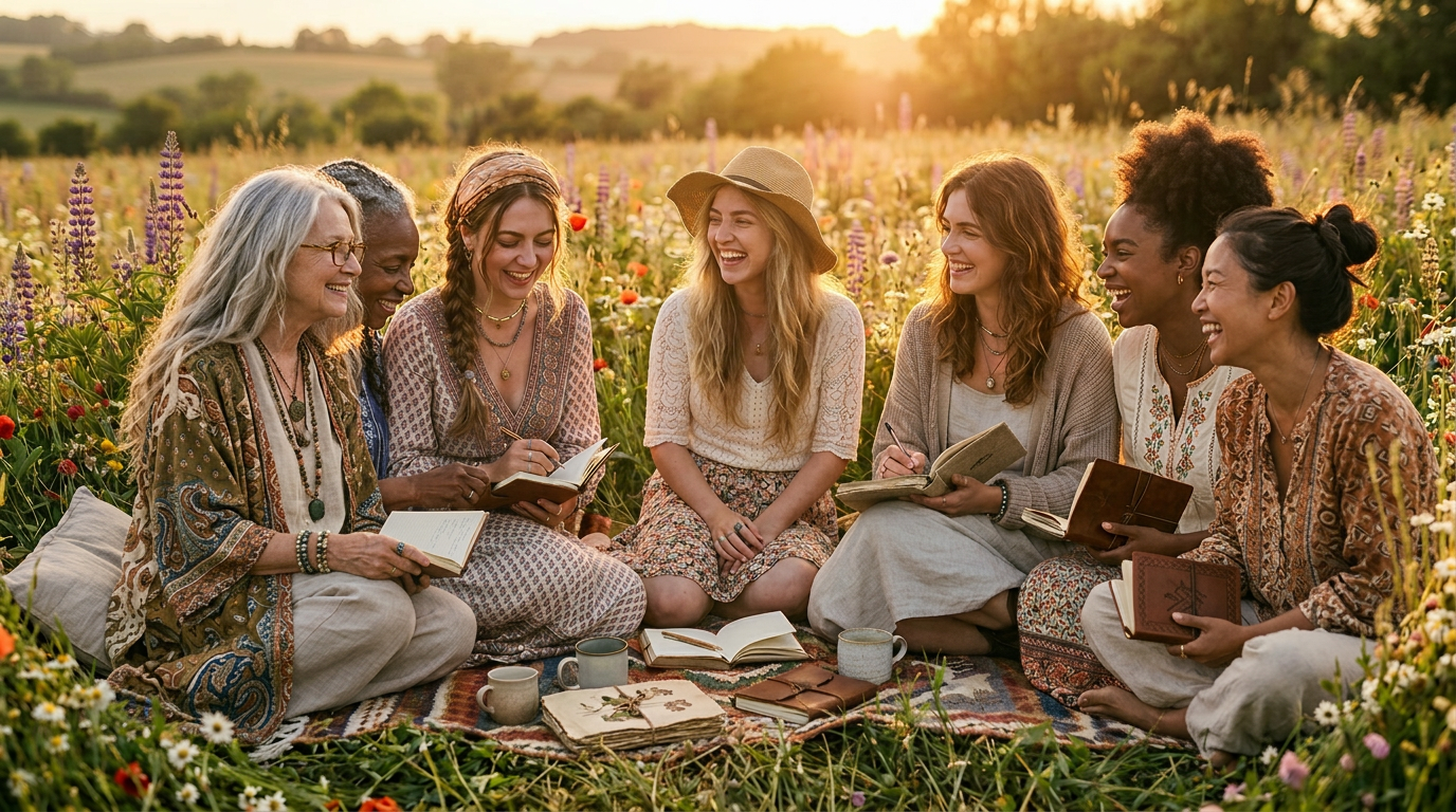 Eight women sitting on a blanket in a flower field during sunset, smiling and talking, with notebooks, books, and cups in front of them.