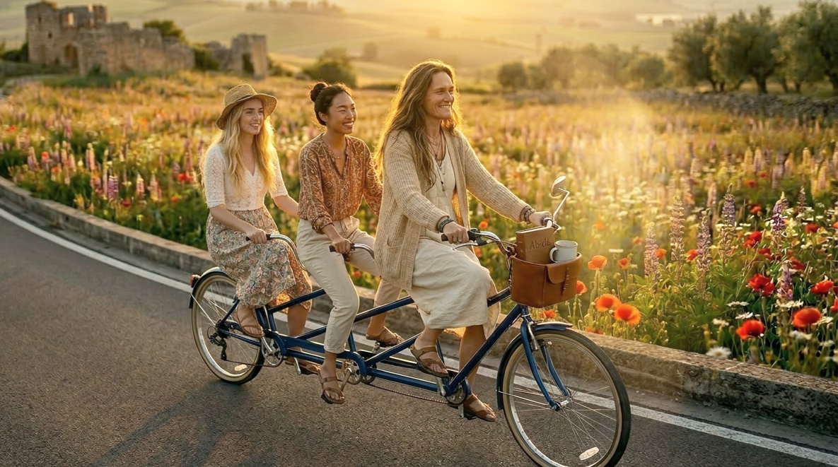 Three women riding a tandem bicycle along a rural road at sunset, with a field of colorful flowers and an old stone castle in the background.