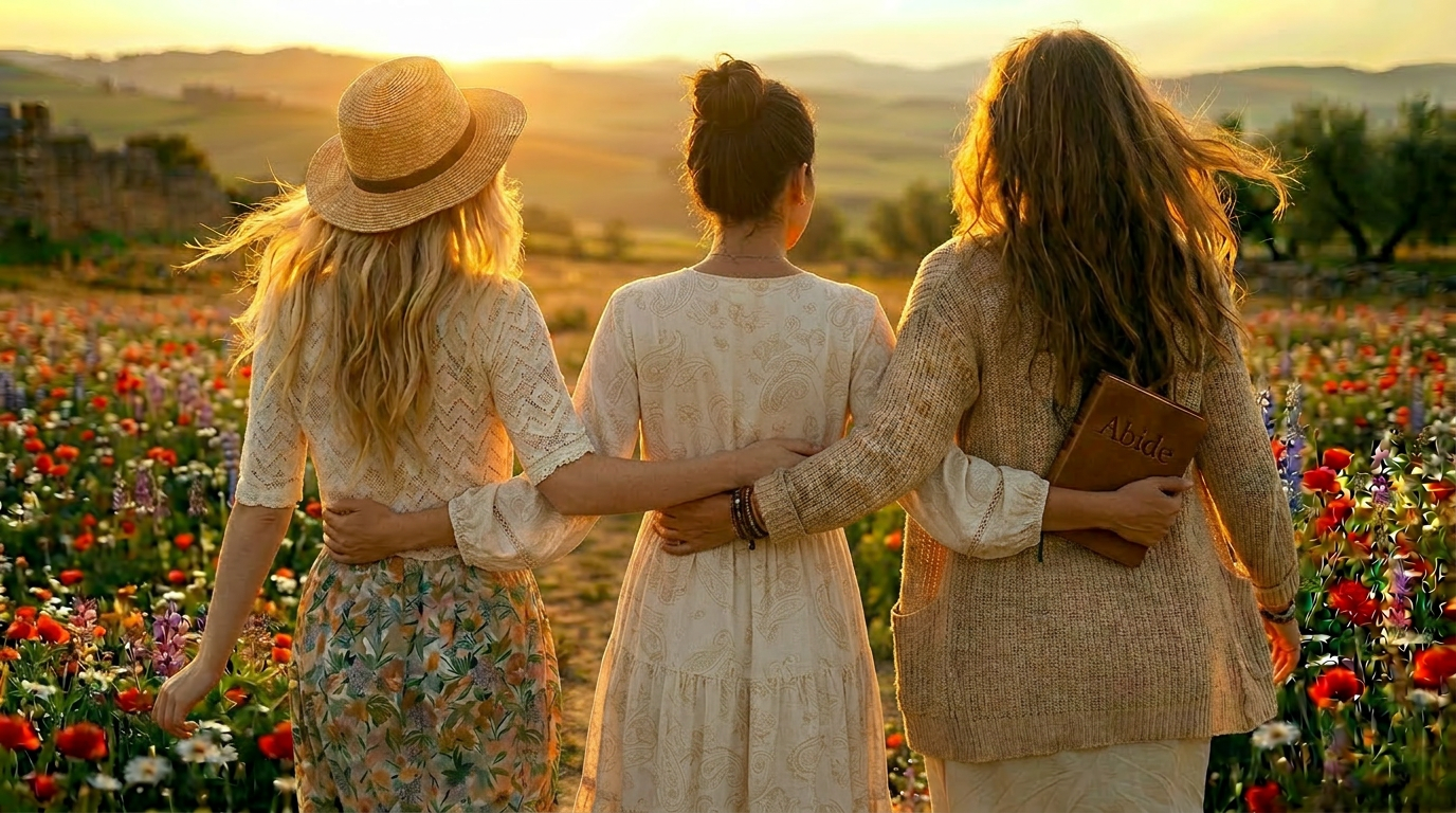 Three women walk together in a field of colorful flowers at sunset, with their arms around each other, one holding a book titled 'Abide'.