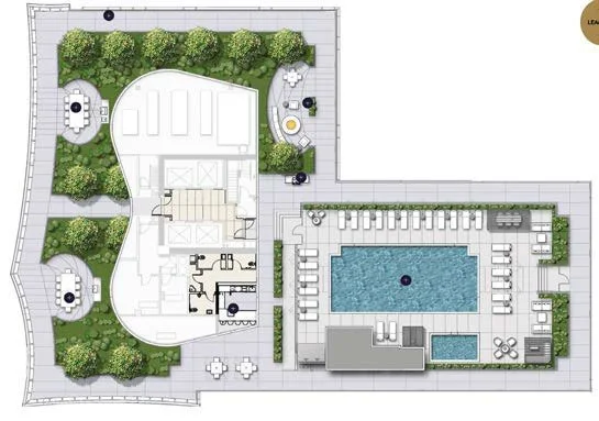 A rooftop layout featuring a swimming pool with lounge chairs, a hot tub, multiple seating areas, and surrounding greenery with trees and shrubs.