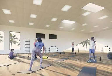 People participating in a fitness class in a spacious studio with wooden floors, large windows, and tropical palm trees outside.