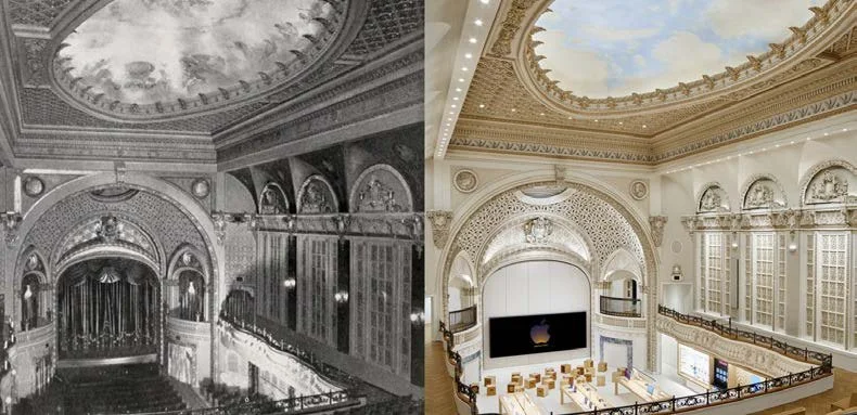 Comparison of a historic black-and-white interior with intricate ceiling and balcony details on the left, and a modern, colorful interior with a decorative ceiling and a large screen on the right.