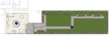 Landscape design plan with lawn, pathways, and benches.