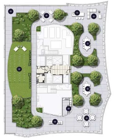 A rooftop garden layout with green lawns, trees, seating areas, and pathways surrounding a building.