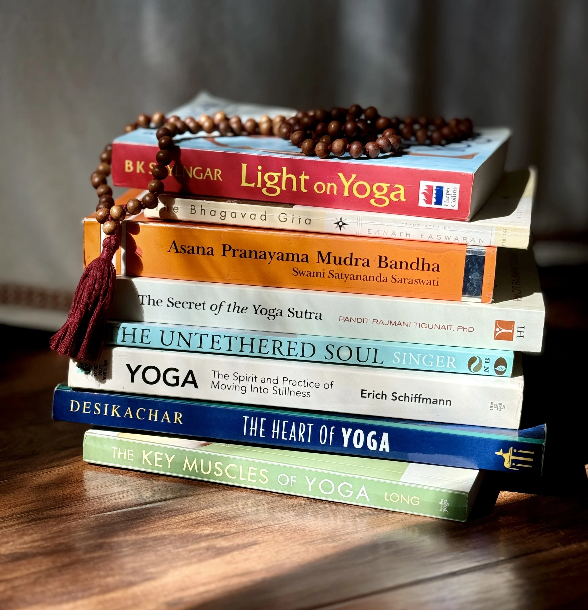 Stack of books about yoga and meditation used in the Sakhi Yoga teacher training.