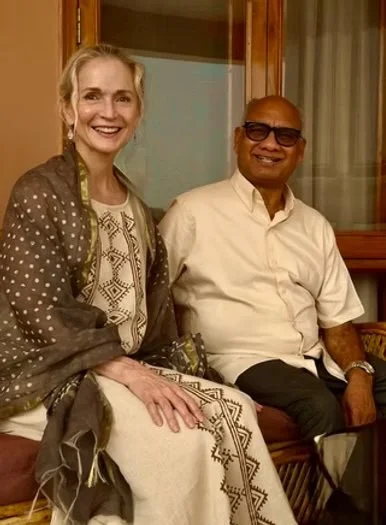 Pamela sits with her teacher, Pandit Rajmani Tigunait, PhD.