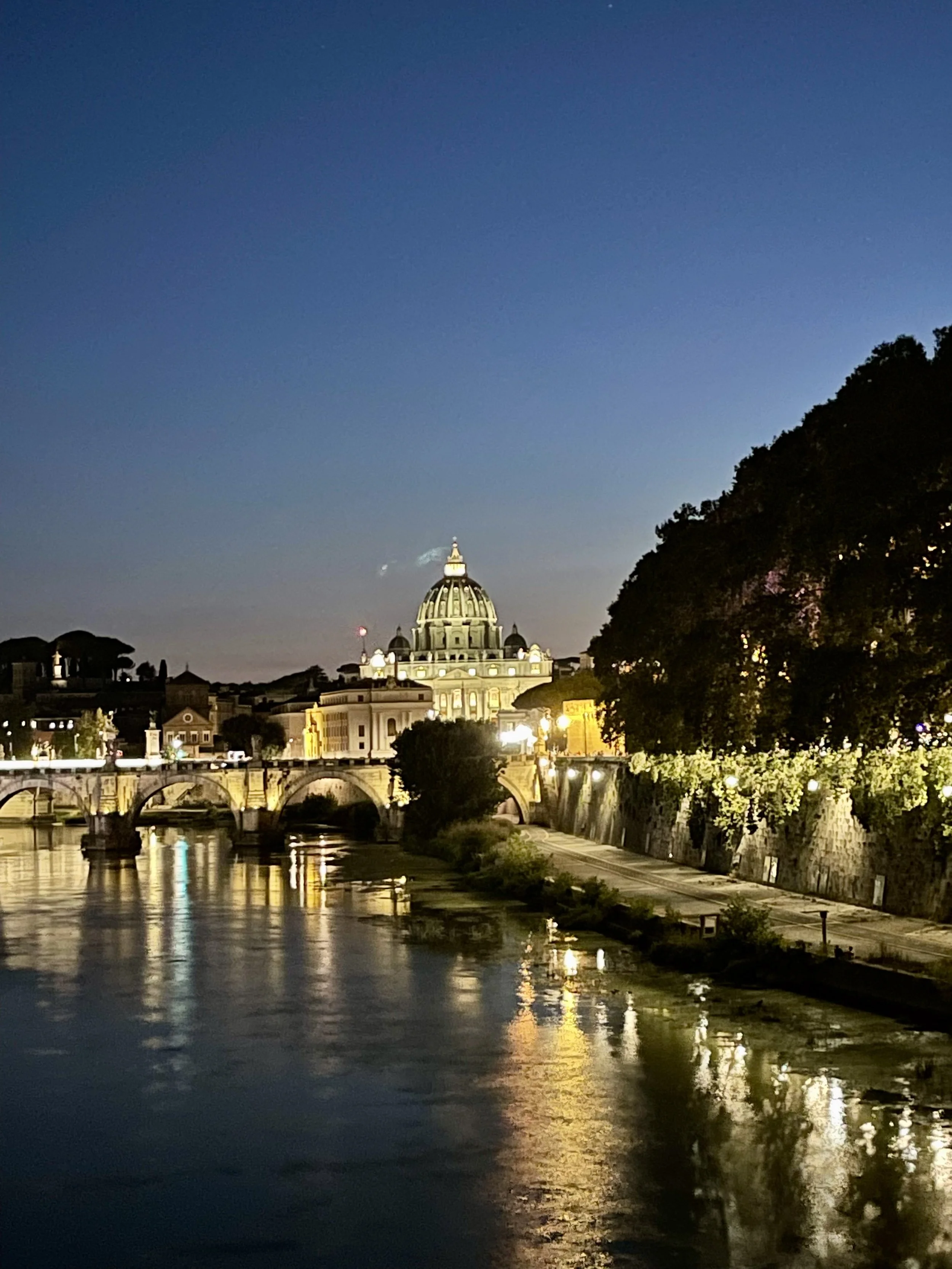Night view of a cityscape with a large, illuminated domed building in the background, a bridge over a river in the foreground, and trees along the riverbank.