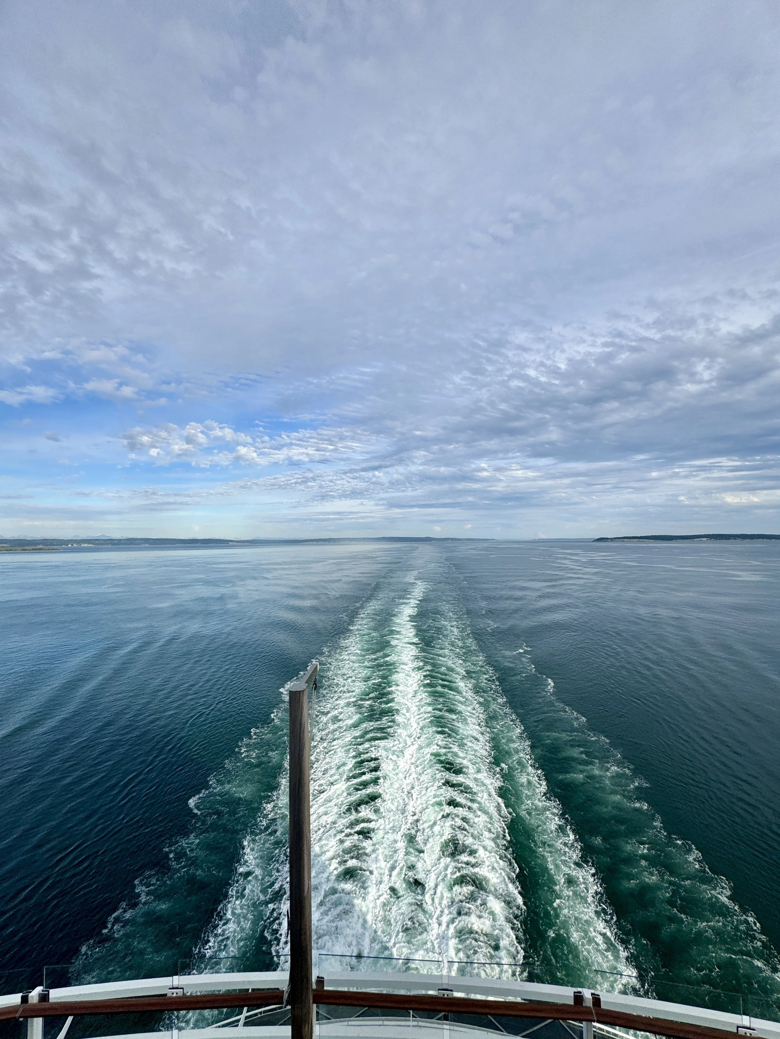 View from the back of a boat showing a wake in the water with a cloudy sky overhead and distant land on the horizon.