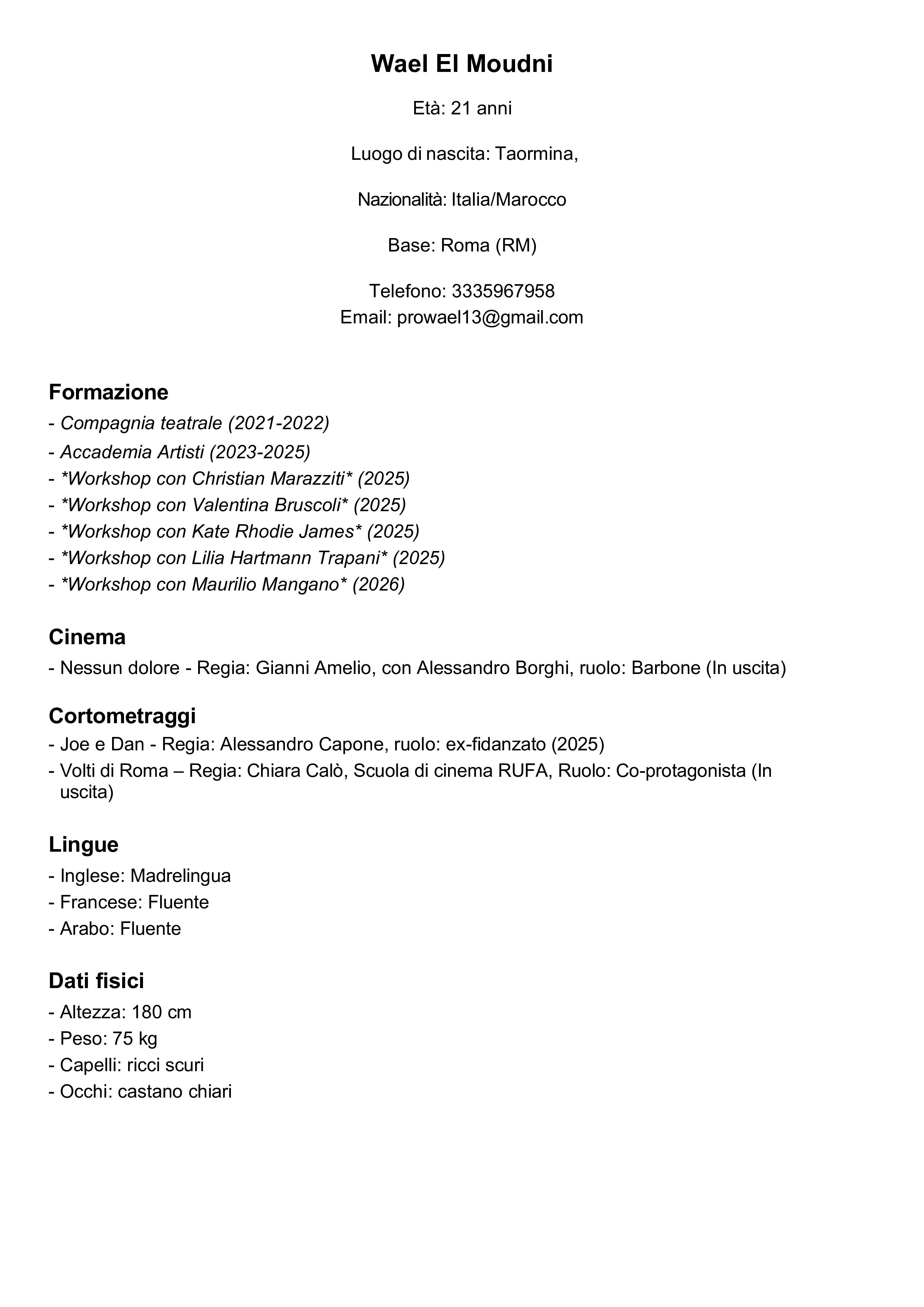 Curriculum vitae di Wael El Moudni con informazioni personali, formazione, esperienza lavorativa, linguaggi e dati fisici.