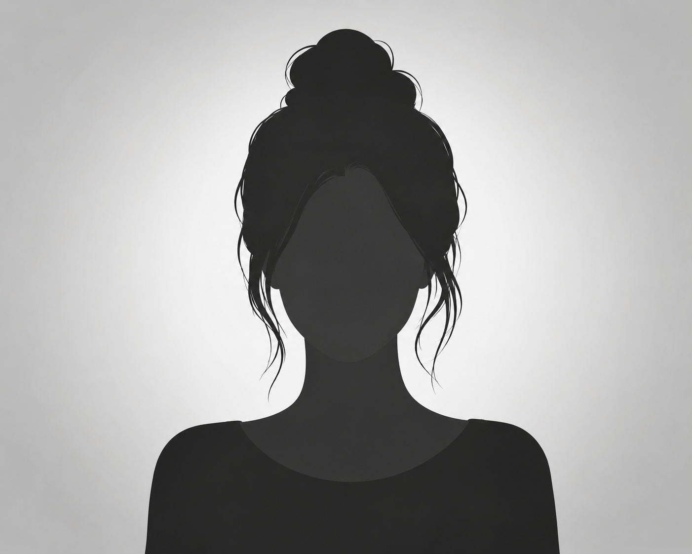 Silhouette of a woman with her hair in a messy bun, facing forward, against a plain background.