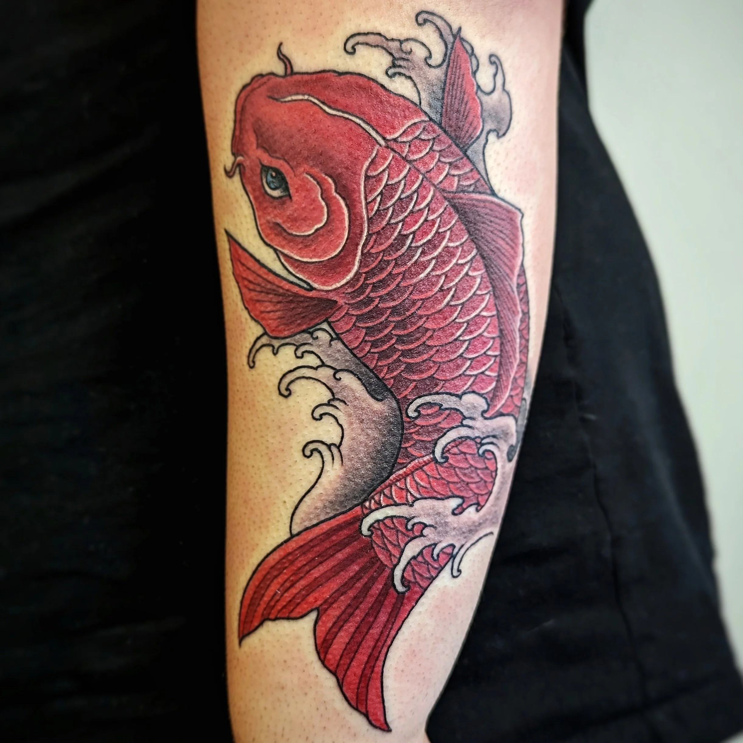 A close-up of a colorful tattoo of a red fish with detailed scales and fins on a person's arm.